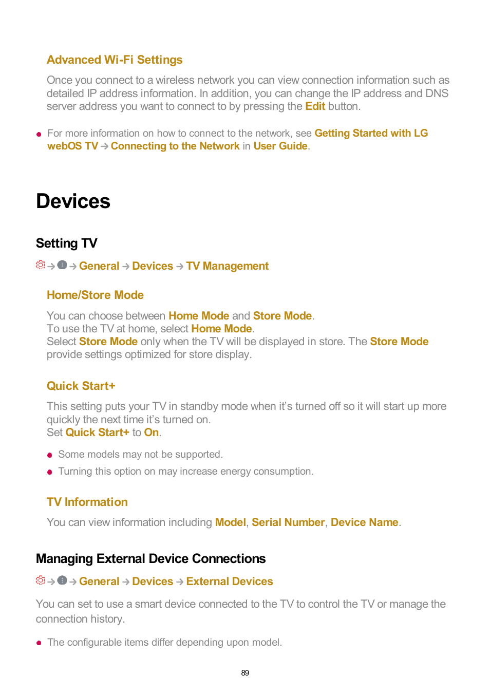 Devices, Setting tv, Managing external device connections | LG UQ7570PUJ 50" 4K HDR Smart LED TV User Manual | Page 89 / 133