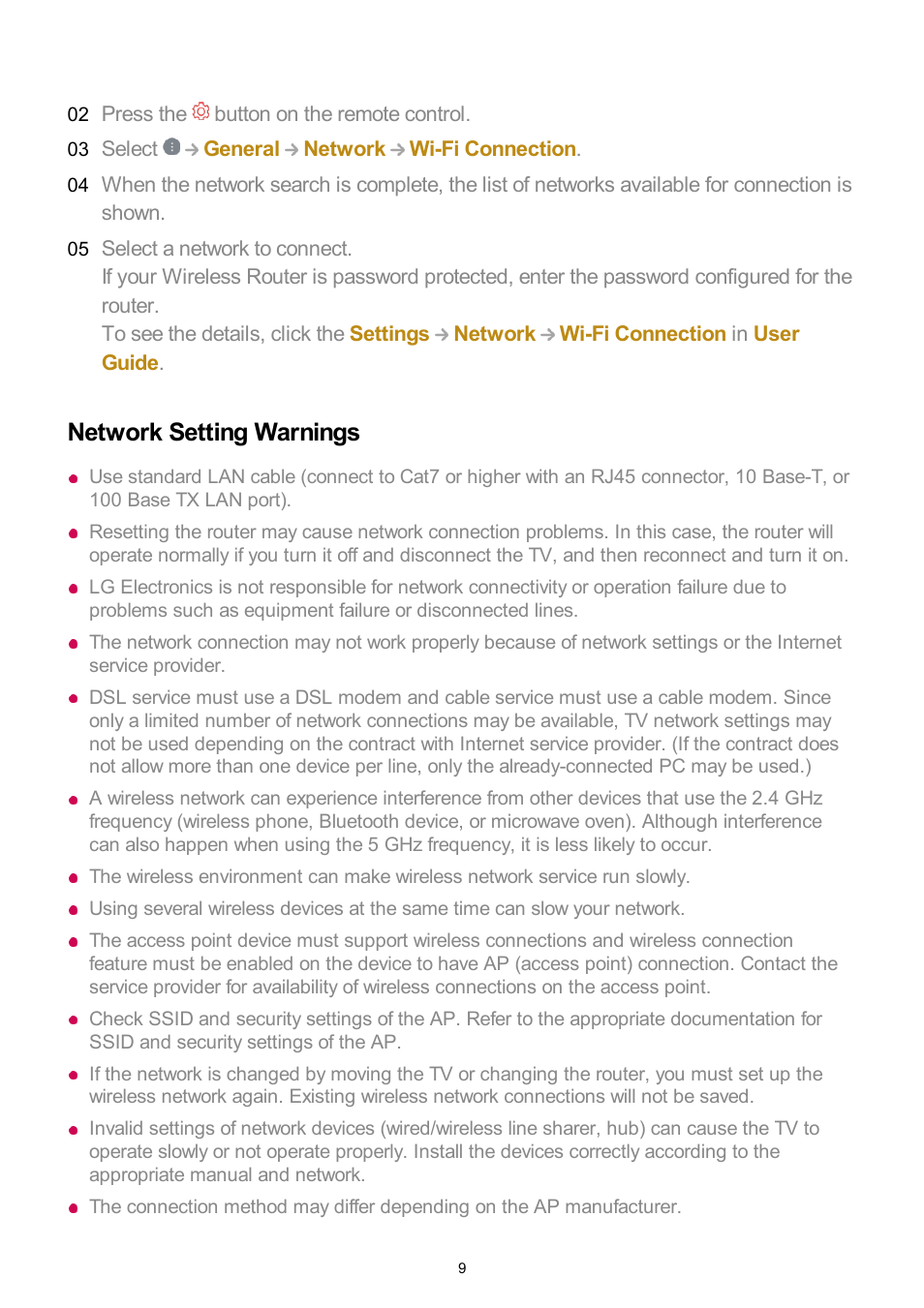 Network setting warnings | LG UQ7570PUJ 50" 4K HDR Smart LED TV User Manual | Page 9 / 133