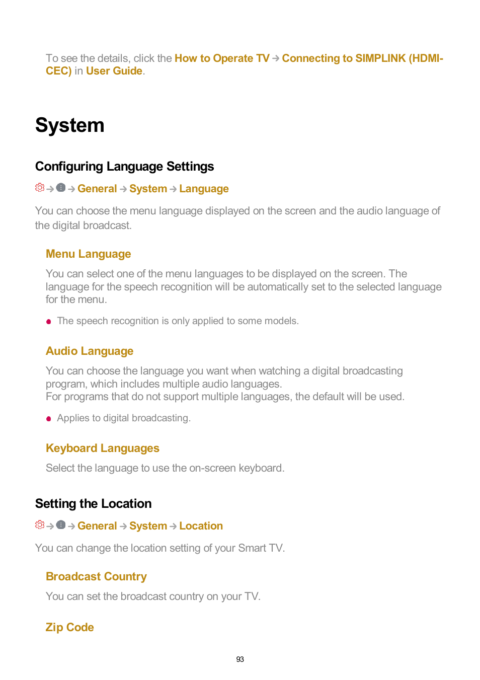 System, Configuring language settings, Setting the location | LG UQ7570PUJ 50" 4K HDR Smart LED TV User Manual | Page 93 / 133