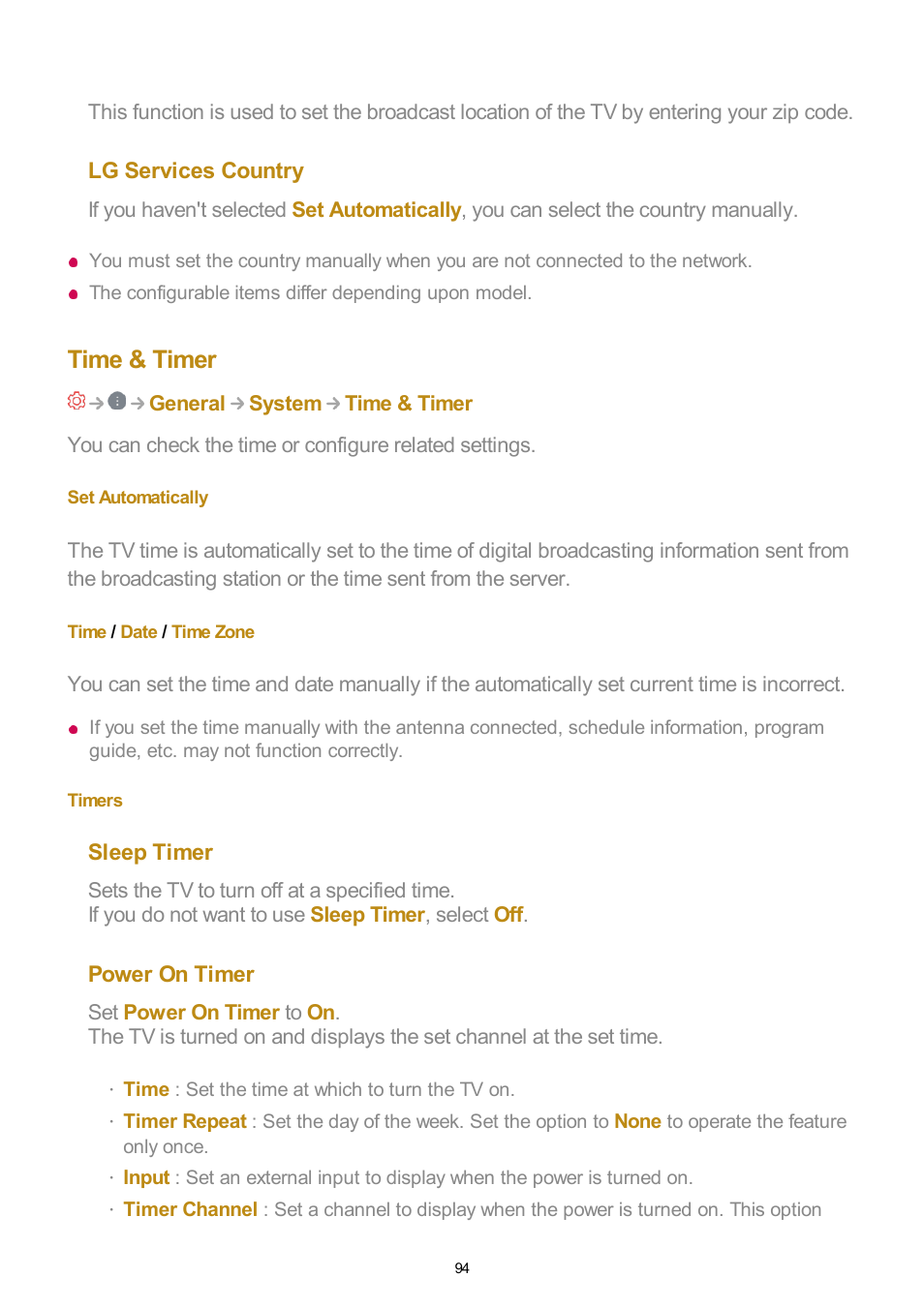 Time & timer, Set automatically, Time / date / time zone | Timers | LG UQ7570PUJ 50" 4K HDR Smart LED TV User Manual | Page 94 / 133