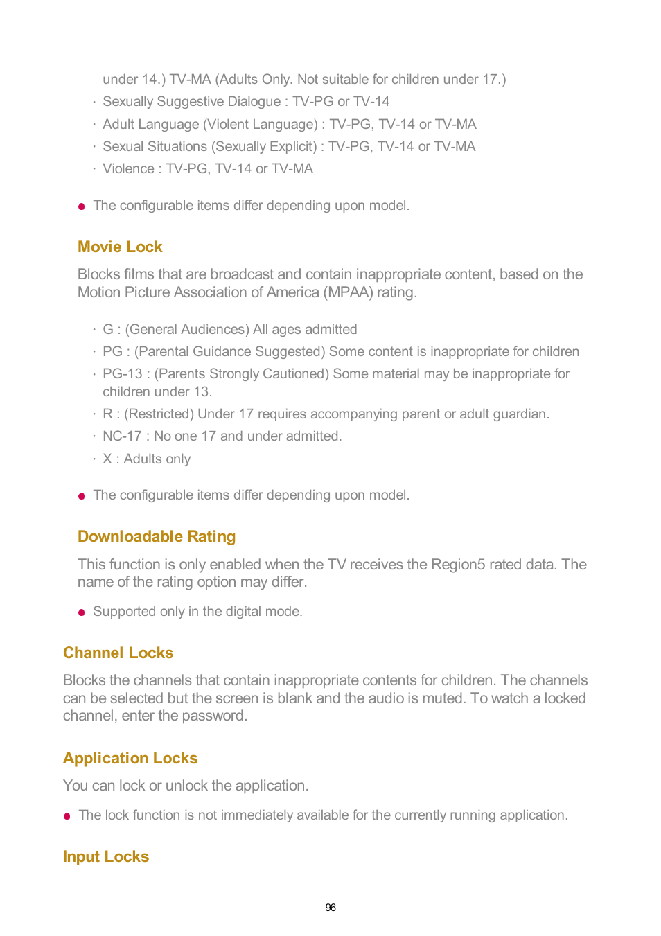 Movie lock, Downloadable rating, Channel locks | Application locks, Input locks, You can lock or unlock the application, The configurable items differ depending upon model, Supported only in the digital mode, Violence : tv-pg, tv-14 or tv-ma, G : (general audiences) all ages admitted | LG UQ7570PUJ 50" 4K HDR Smart LED TV User Manual | Page 96 / 133