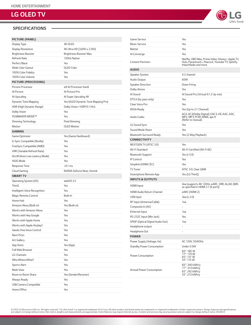 Lg oled tv, Specifications, Home entertainment | LG G3 83" 4K HDR Smart OLED evo TV User Manual | Page 2 / 3