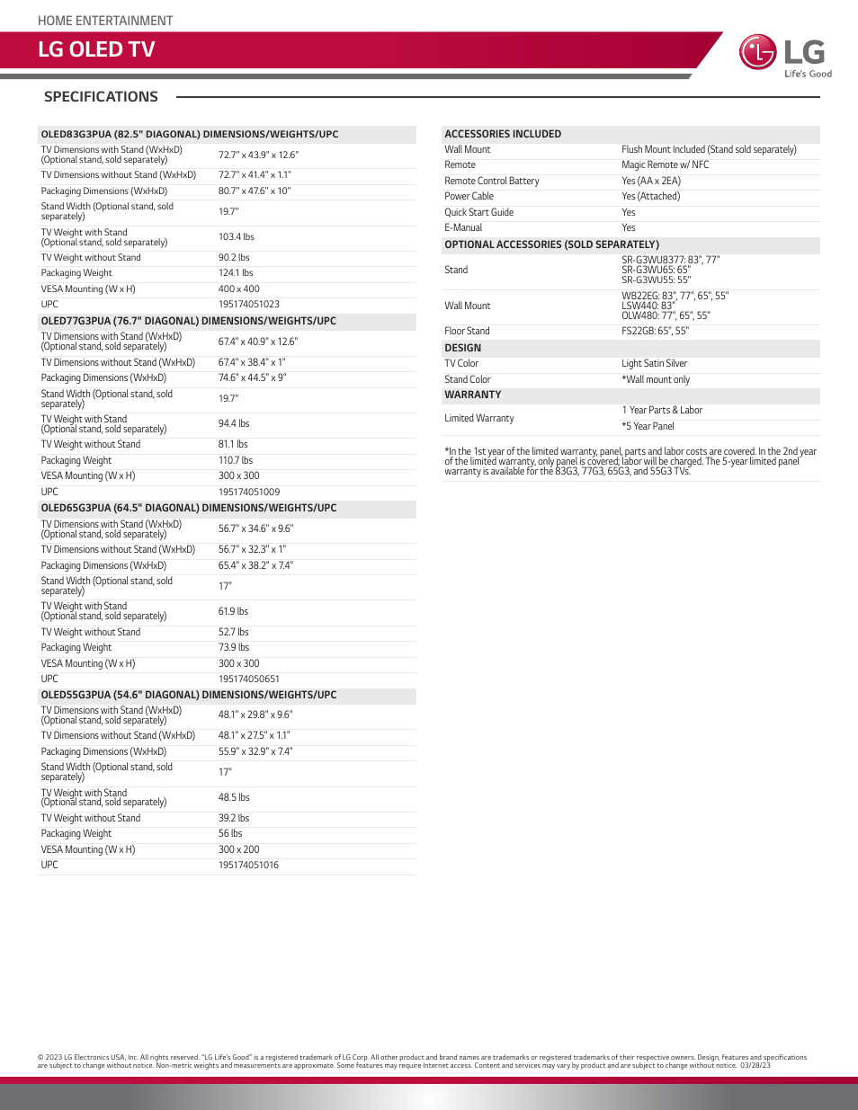 Lg oled tv, Specifications, Home entertainment | LG G3 83" 4K HDR Smart OLED evo TV User Manual | Page 3 / 3