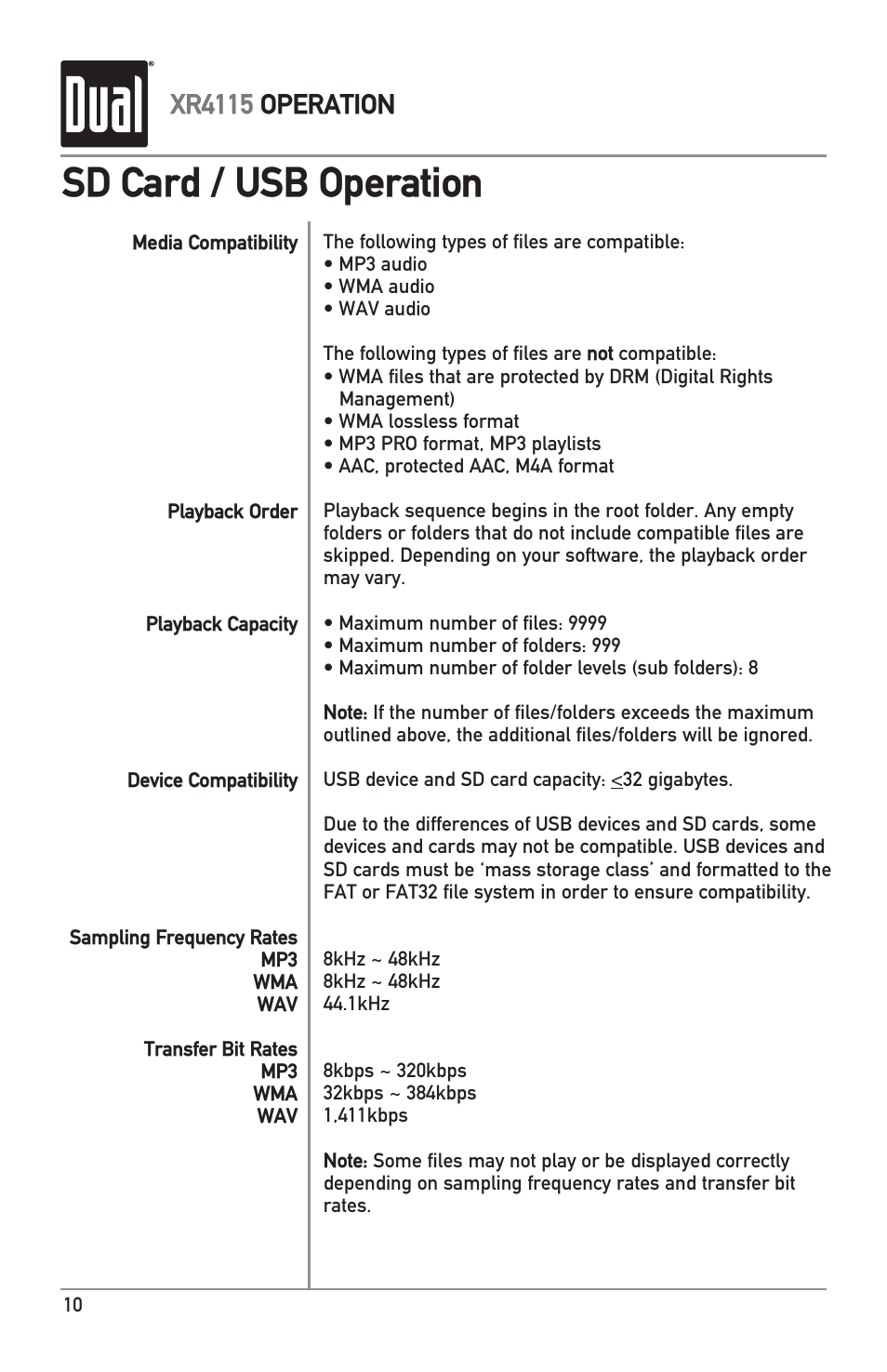 Sd card / usb operation, Xr4115 operation | Dual XR4115 User Manual | Page 10 / 16