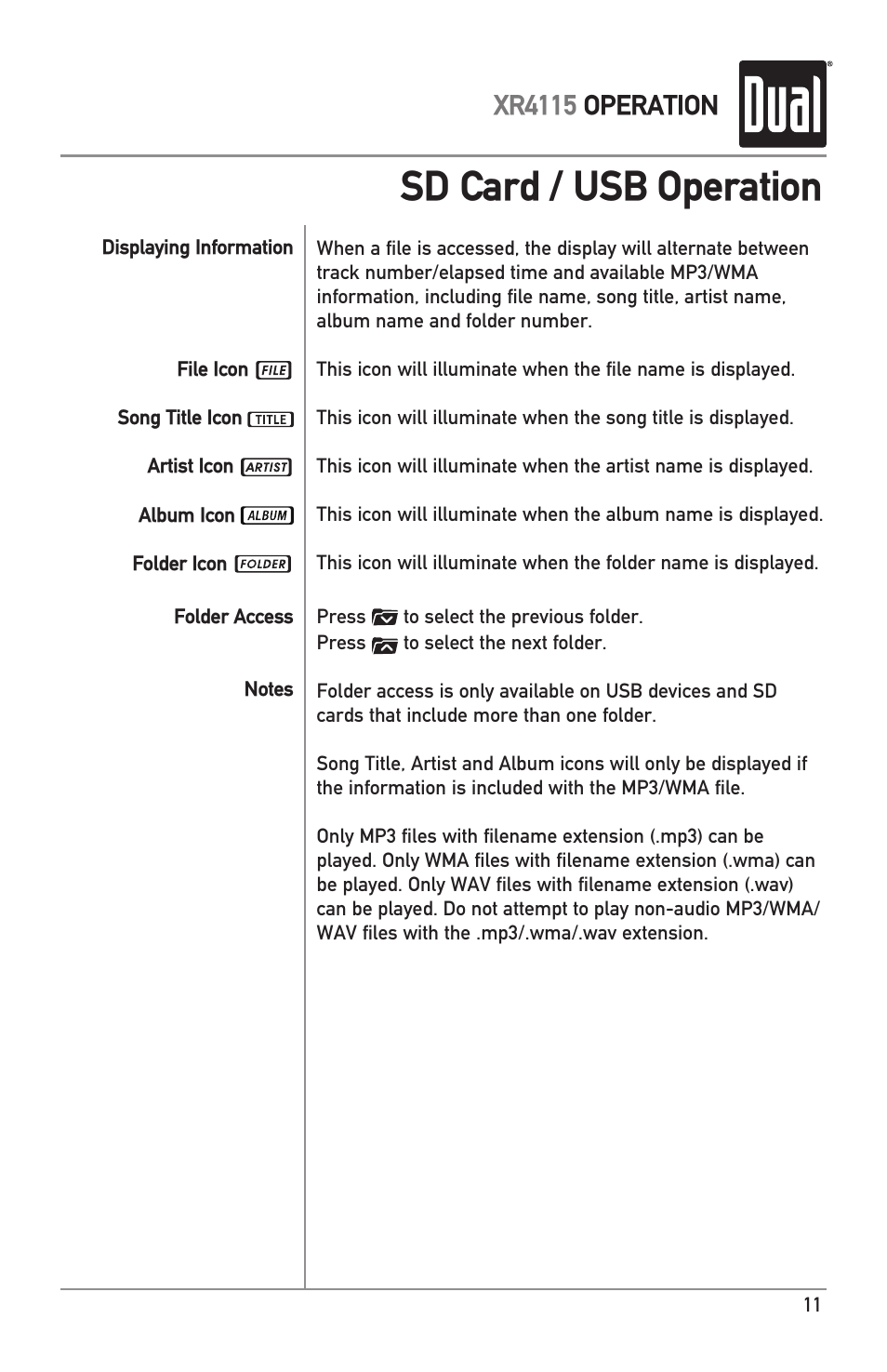 Sd card / usb operation, Xr4115 operation | Dual XR4115 User Manual | Page 11 / 16