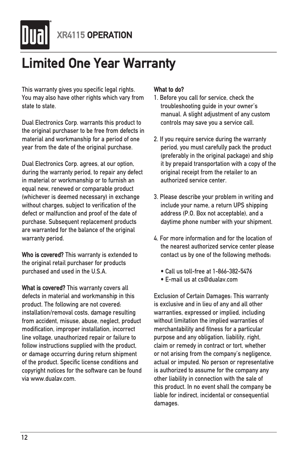 Limited one year warranty, Xr4115 operation | Dual XR4115 User Manual | Page 12 / 16