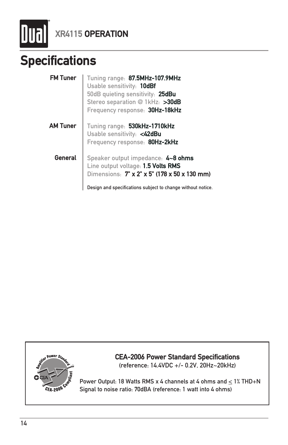 Specifications, Xr4115 operation | Dual XR4115 User Manual | Page 14 / 16