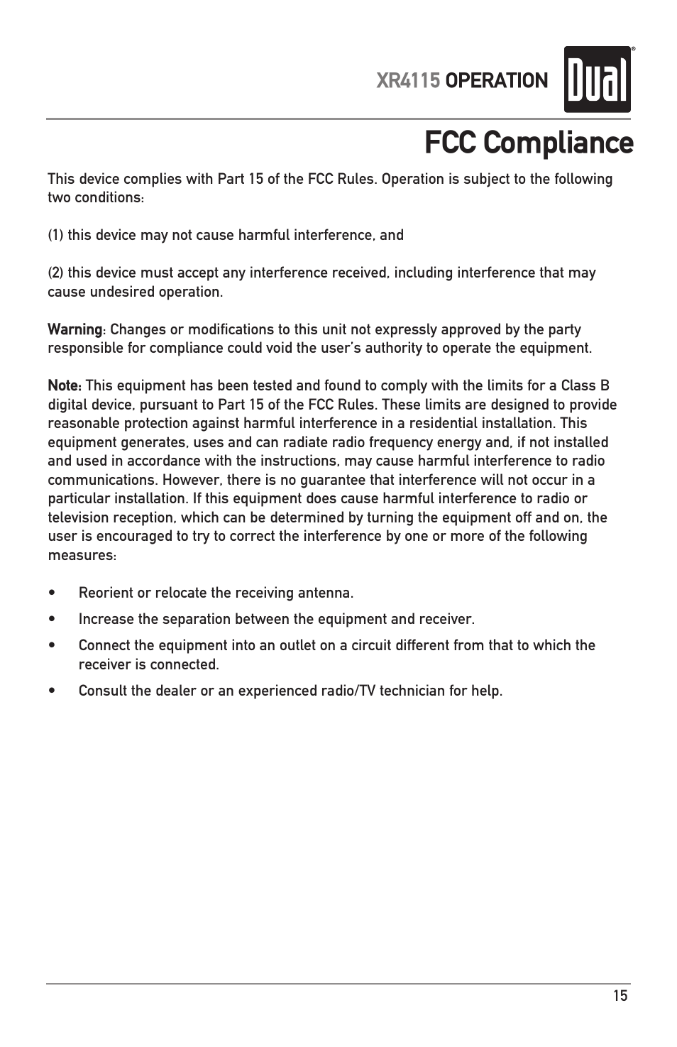 Fcc compliance, Xr4115 operation | Dual XR4115 User Manual | Page 15 / 16