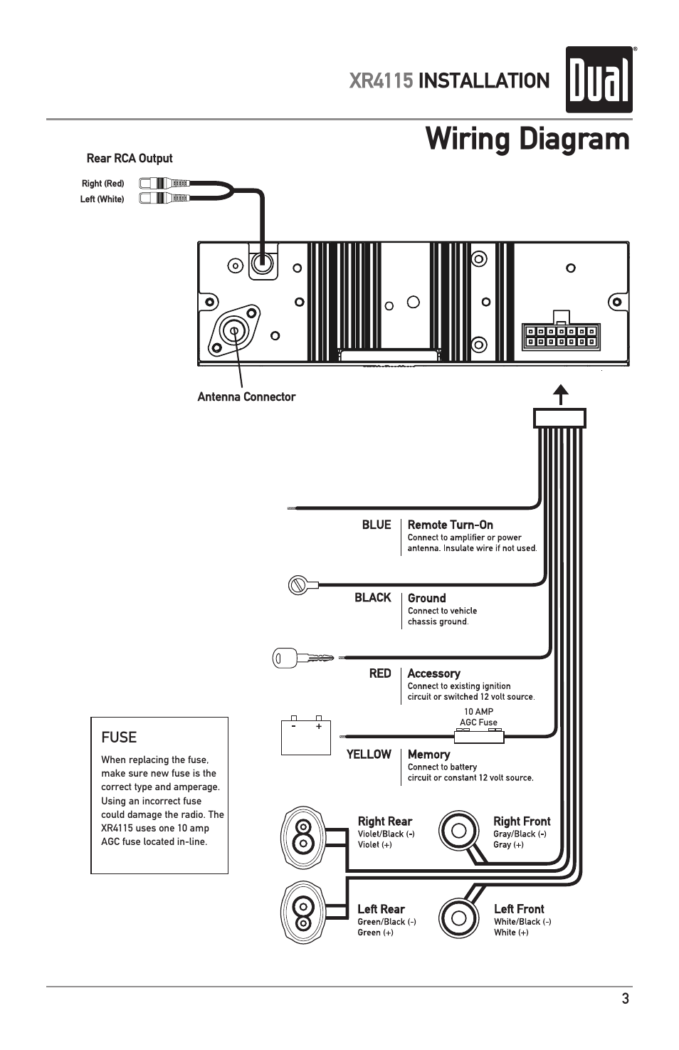 Wiring diagram, Xr4115 installation | Dual XR4115 User Manual | Page 3 / 16