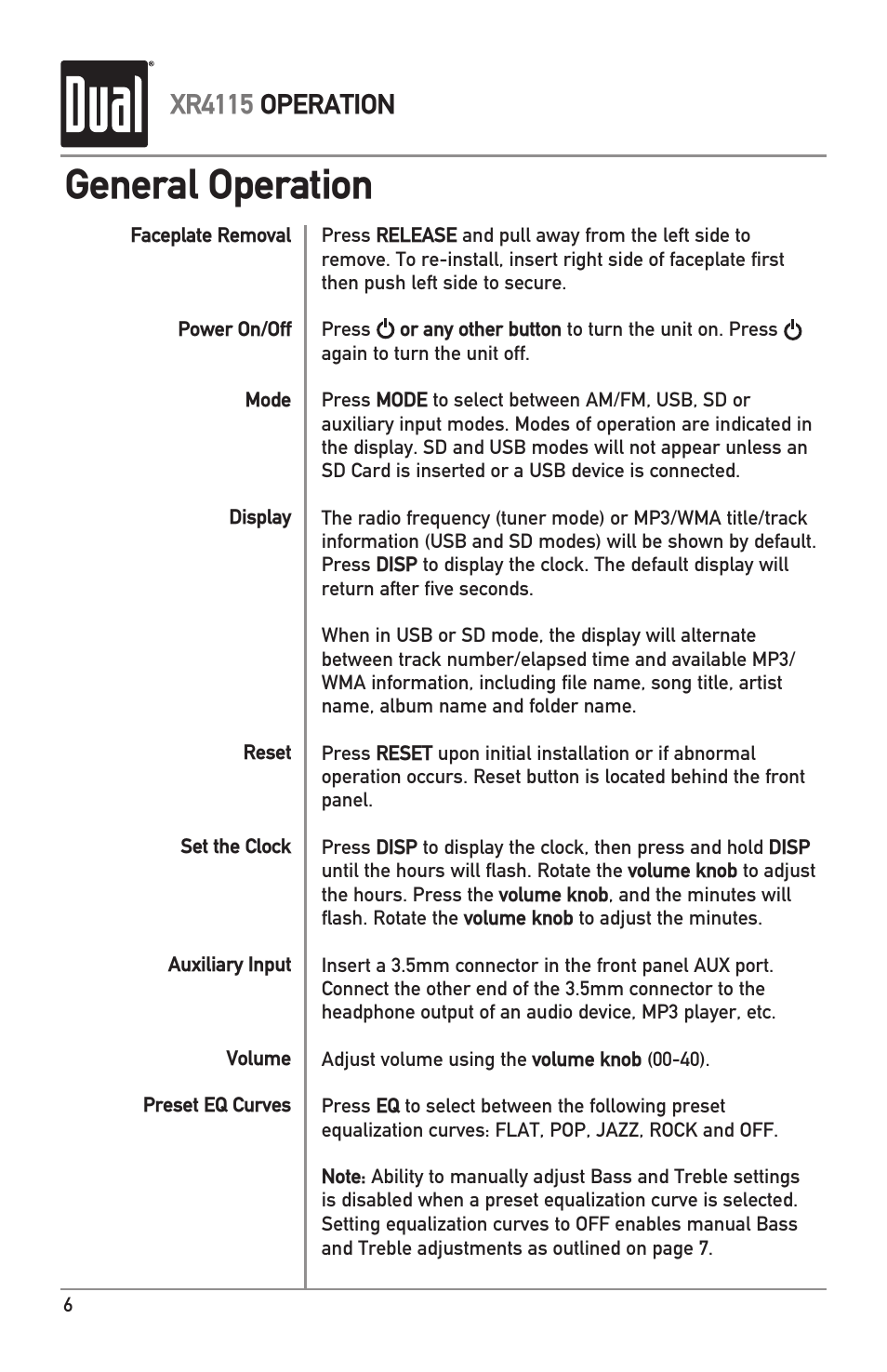 General operation, Xr4115 operation | Dual XR4115 User Manual | Page 6 / 16