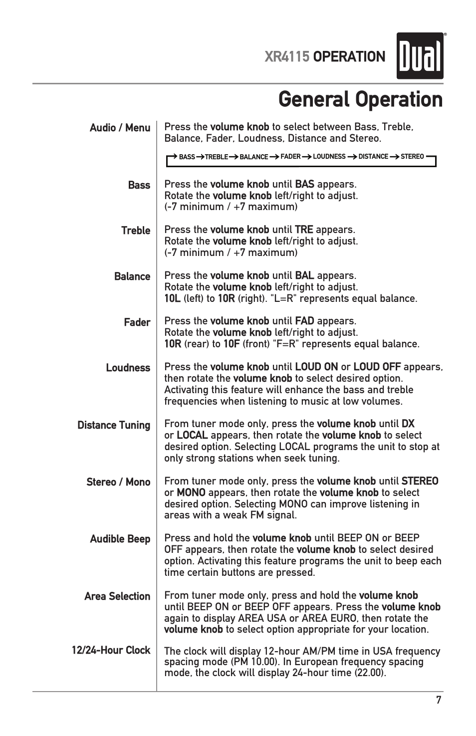 General operation, Xr4115 operation | Dual XR4115 User Manual | Page 7 / 16
