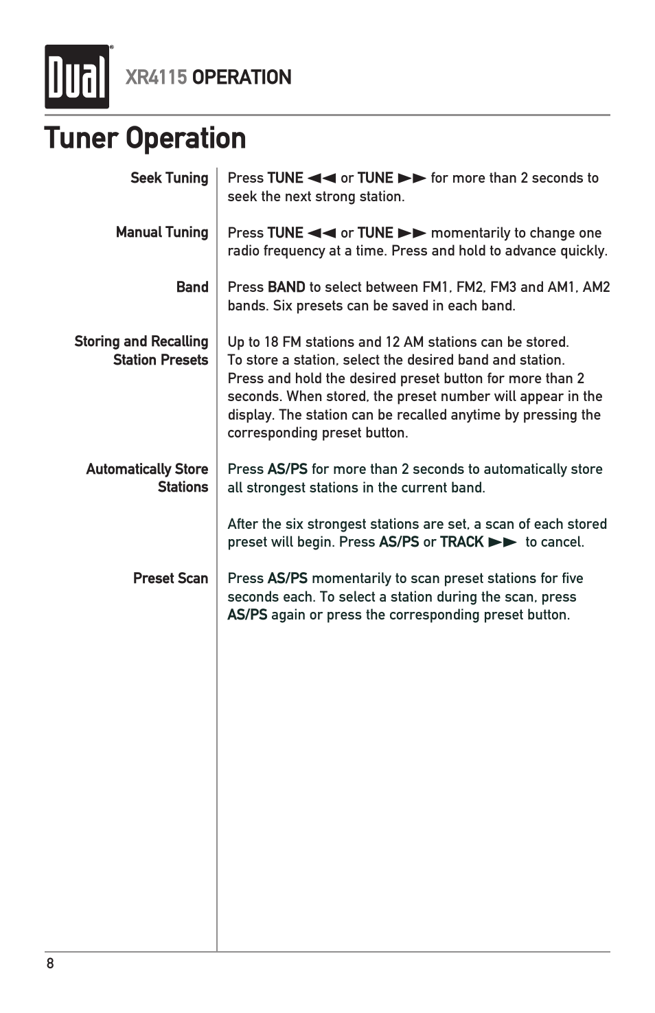Tuner operation | Dual XR4115 User Manual | Page 8 / 16