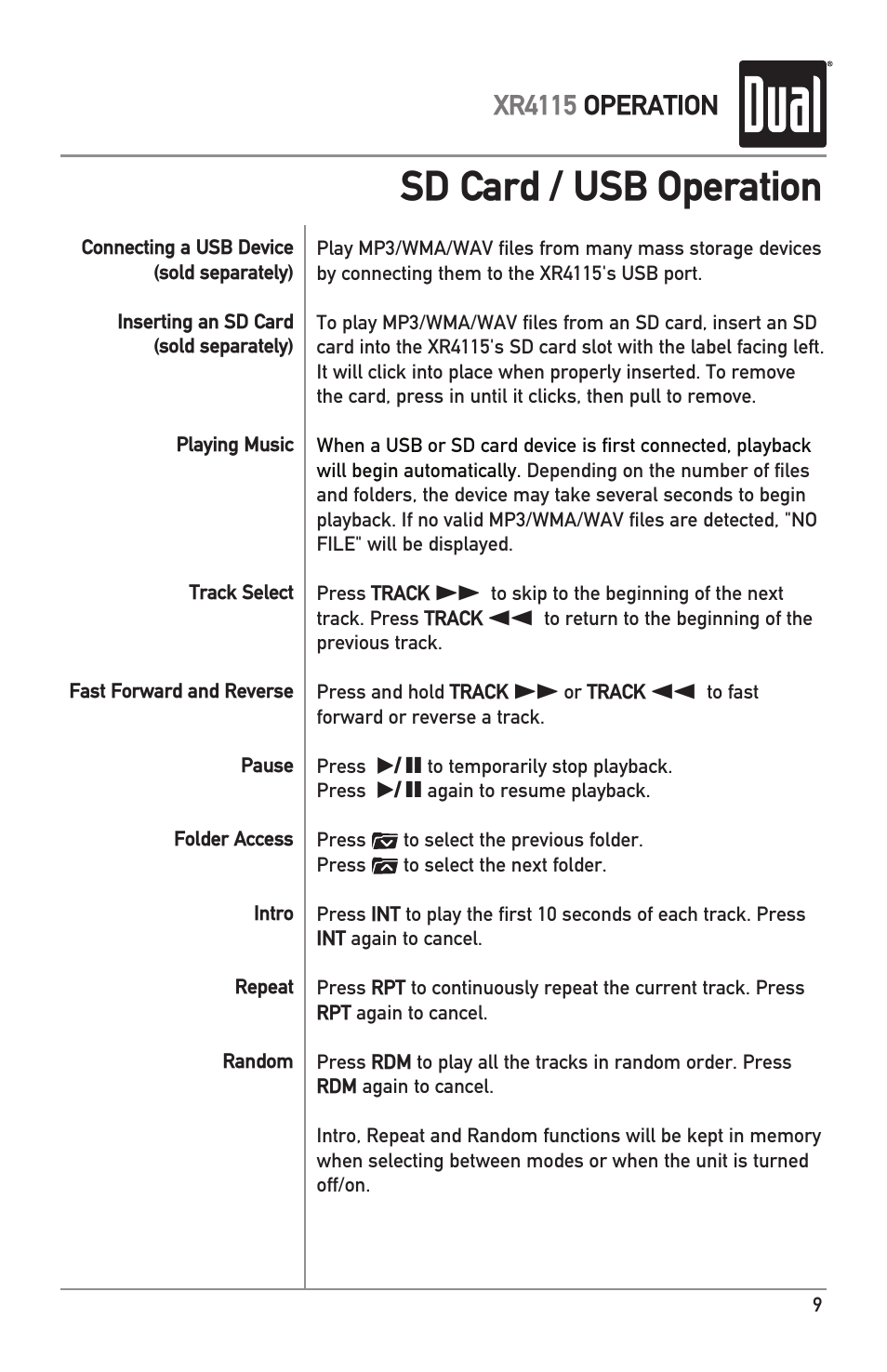 Sd card / usb operation | Dual XR4115 User Manual | Page 9 / 16