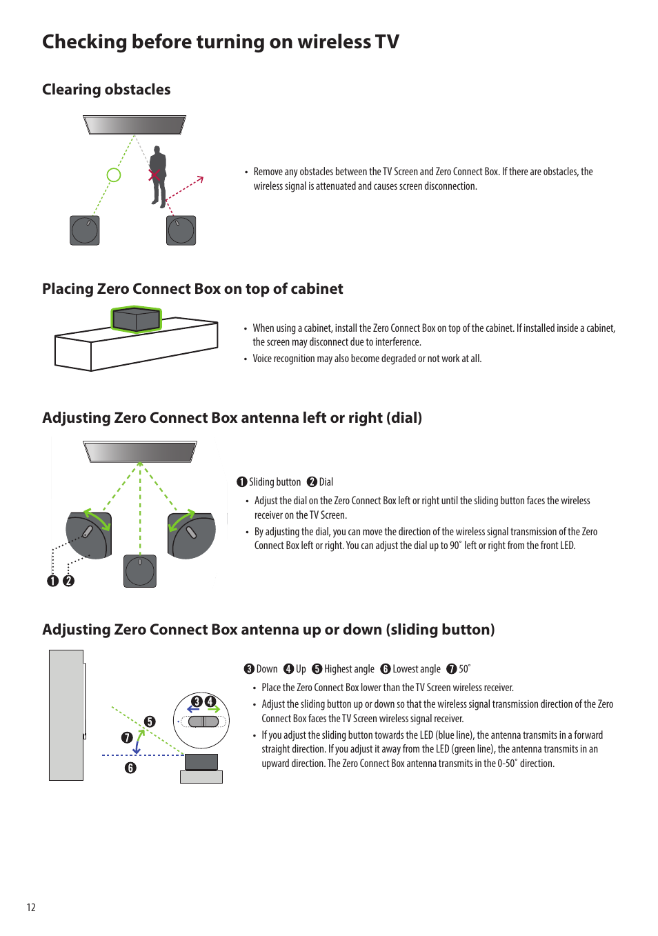 Checking before turning on wireless tv, Clearing obstacles, Placing zero connect box on top of cabinet | LG evo M Series M3 77" Wireless 4K HDR Smart OLED TV User Manual | Page 12 / 28