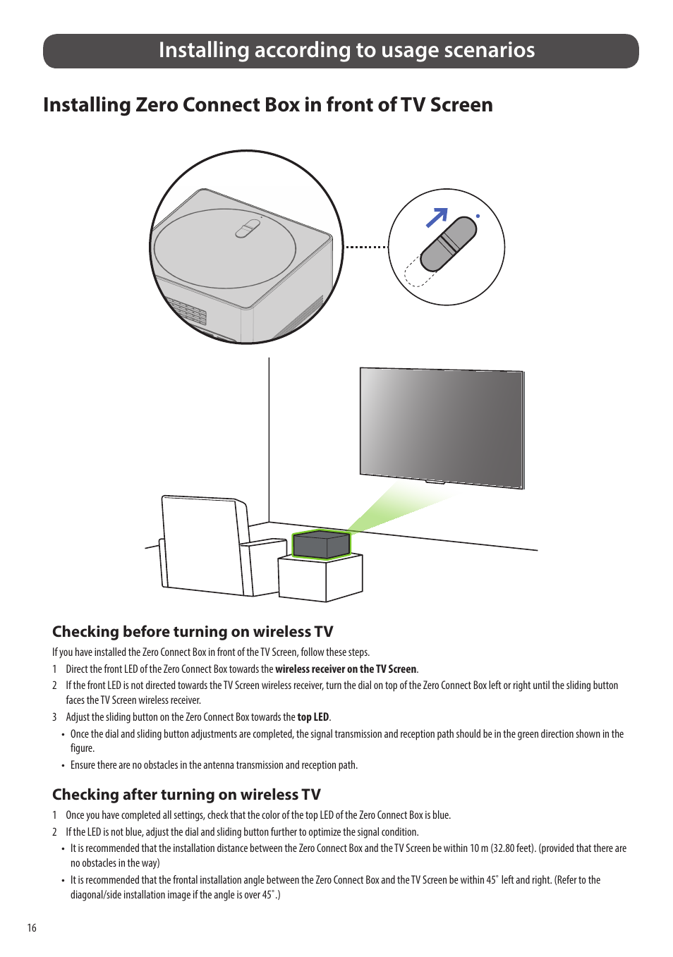 Installing according to usage scenarios, Installing zero connect box in front of tv screen, Checking before turning on wireless tv | Checking after turning on wireless tv | LG evo M Series M3 77" Wireless 4K HDR Smart OLED TV User Manual | Page 16 / 28