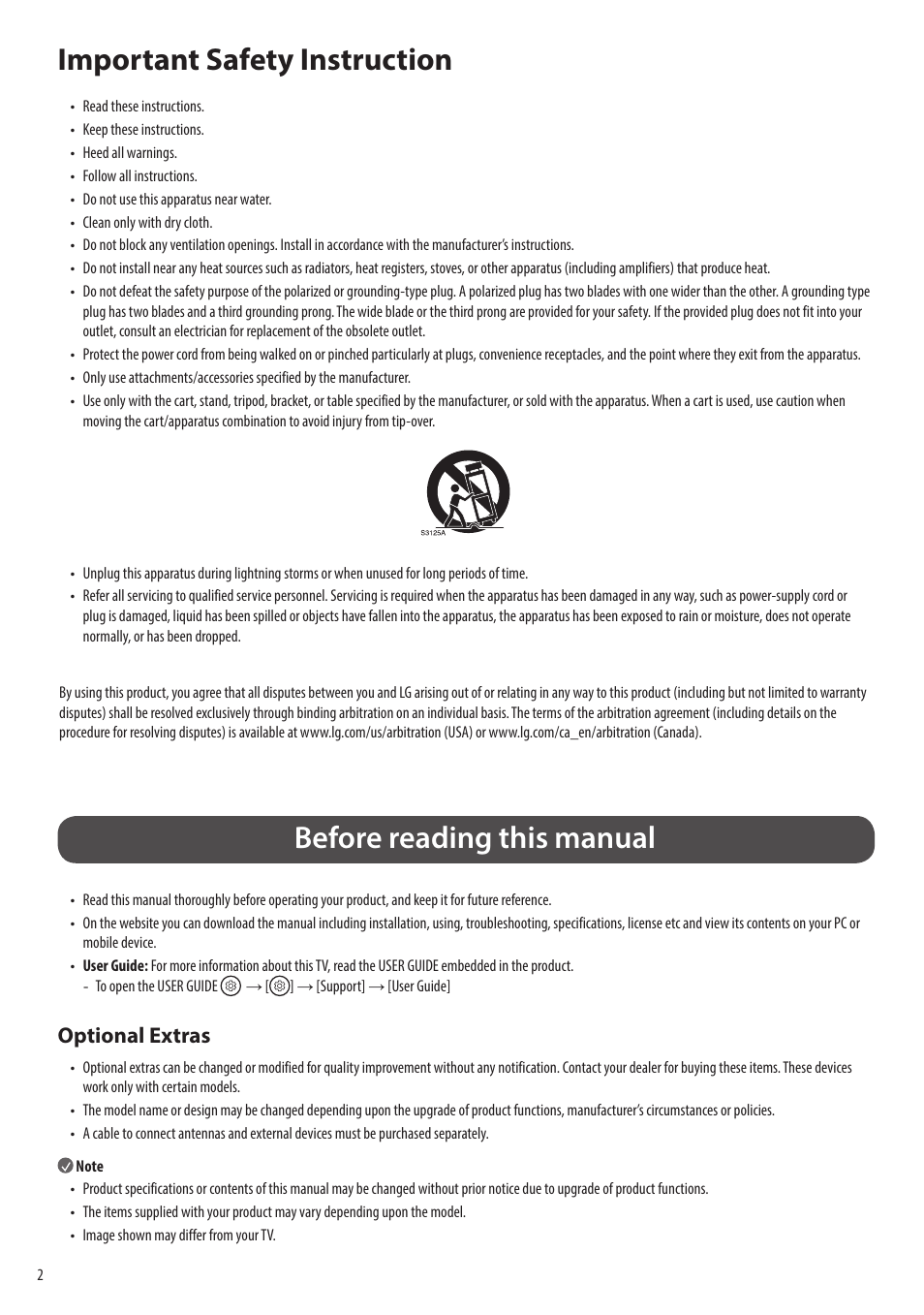 Important safety instruction, Before reading this manual, Optional extras | LG evo M Series M3 77" Wireless 4K HDR Smart OLED TV User Manual | Page 2 / 28