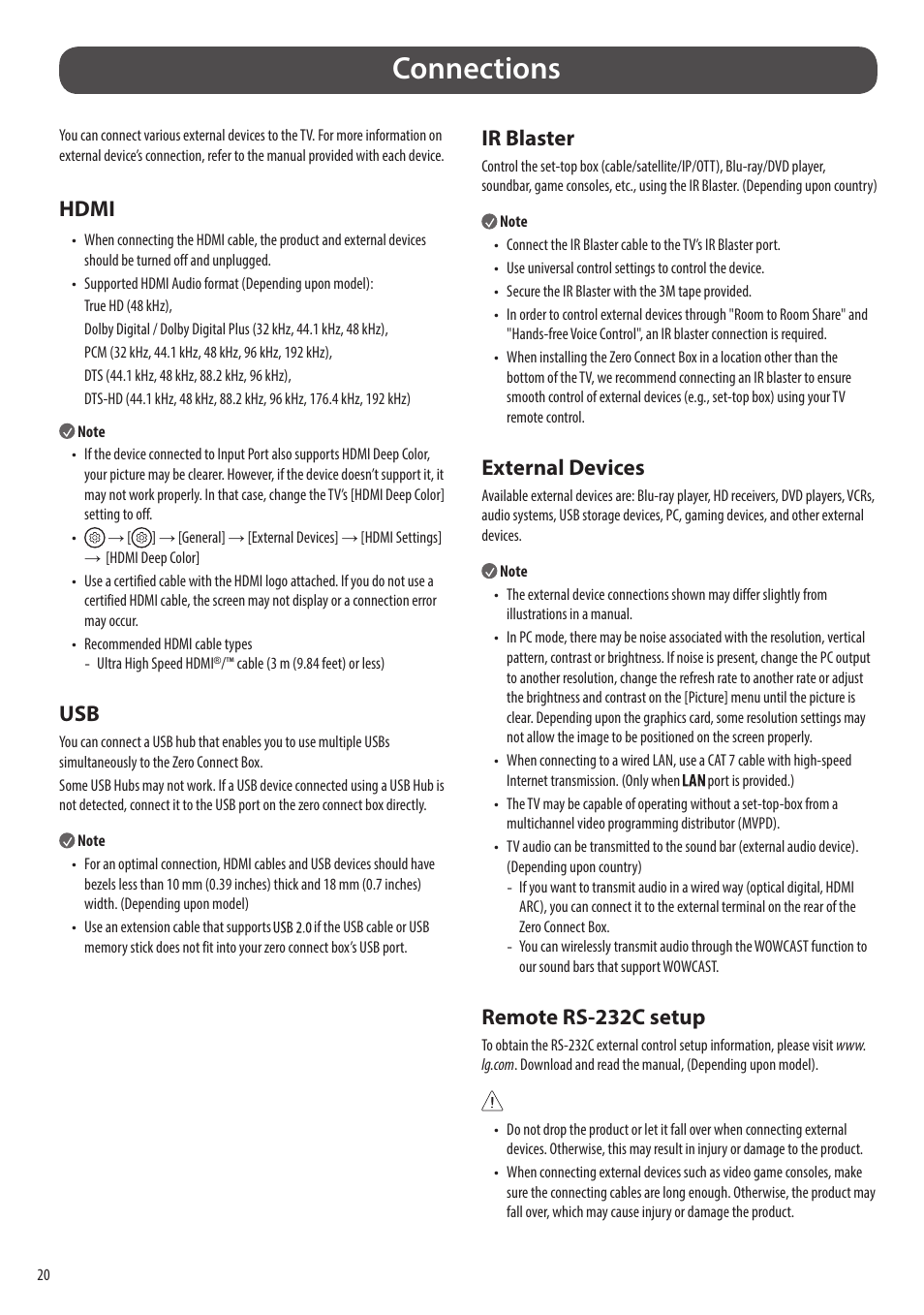 Connections, Hdmi, Ir blaster | External devices, Remote rs-232c setup | LG evo M Series M3 77" Wireless 4K HDR Smart OLED TV User Manual | Page 20 / 28