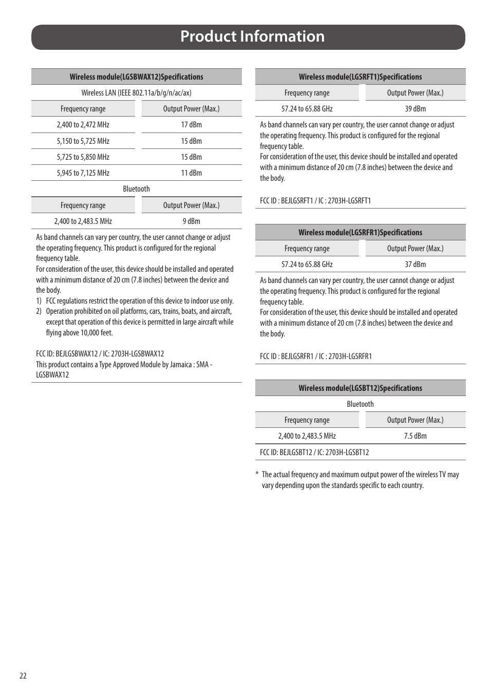 Product information | LG evo M Series M3 77" Wireless 4K HDR Smart OLED TV User Manual | Page 22 / 28