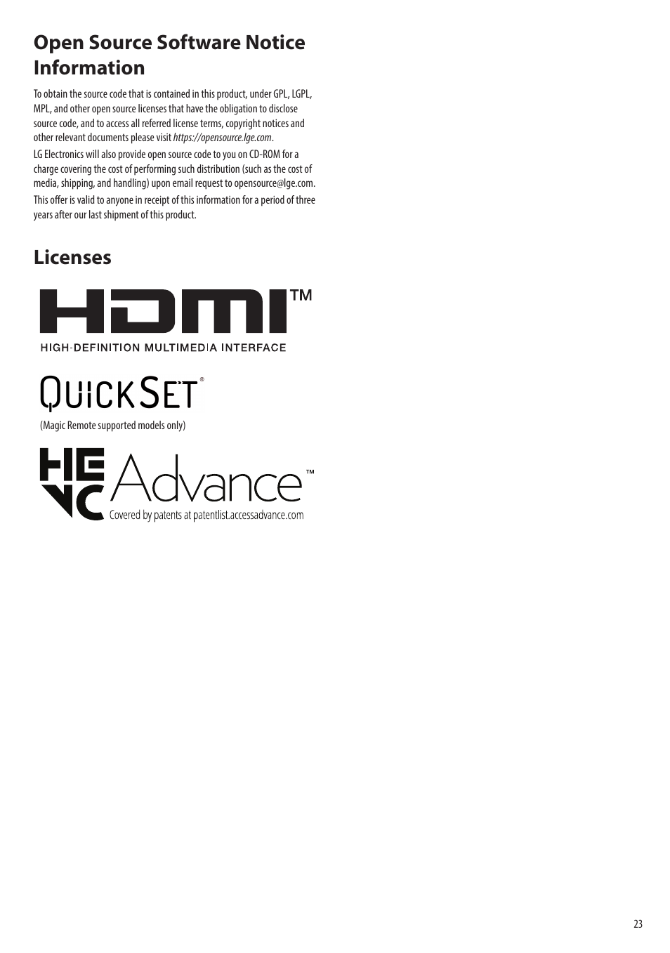 Open source software notice information, Licenses | LG evo M Series M3 77" Wireless 4K HDR Smart OLED TV User Manual | Page 23 / 28