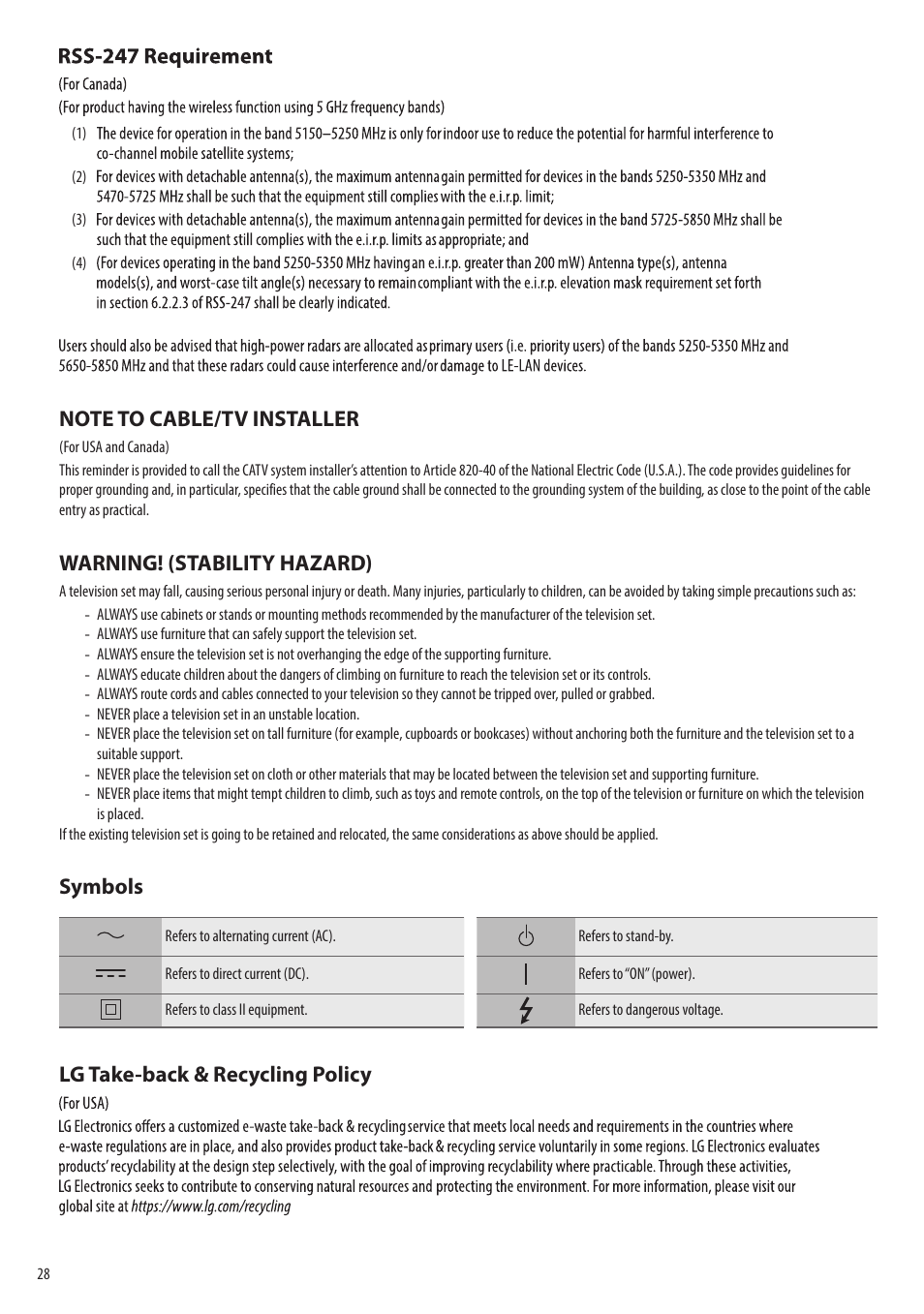 Warning! (stability hazard), Symbols, Lg take-back & recycling policy | LG evo M Series M3 77" Wireless 4K HDR Smart OLED TV User Manual | Page 28 / 28