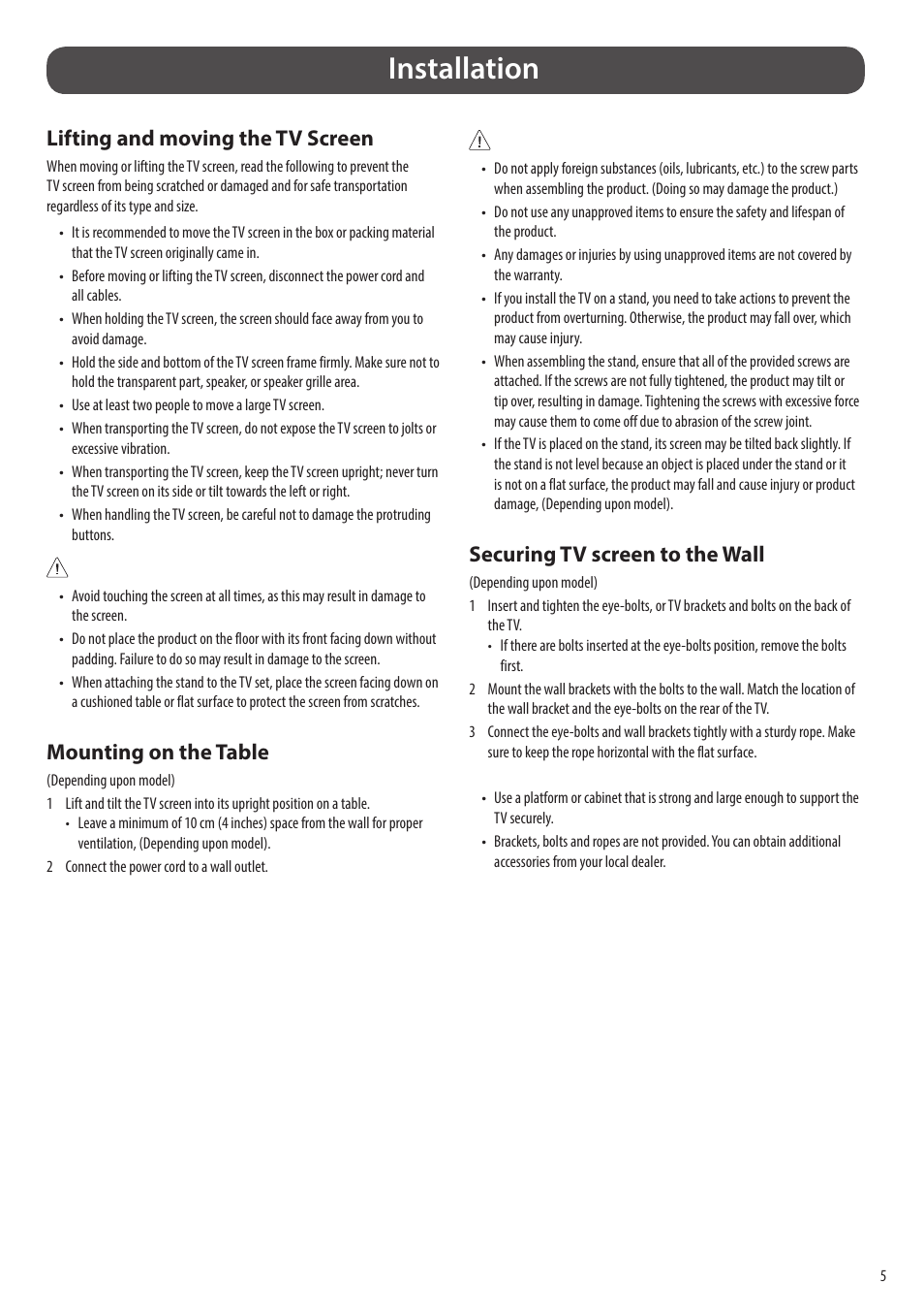 Installation, Lifting and moving the tv screen, Mounting on the table | Securing tv screen to the wall | LG evo M Series M3 77" Wireless 4K HDR Smart OLED TV User Manual | Page 5 / 28