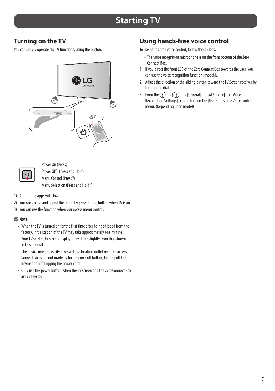 Starting tv, Turning on the tv, Using hands-free voice control | LG evo M Series M3 77" Wireless 4K HDR Smart OLED TV User Manual | Page 7 / 28