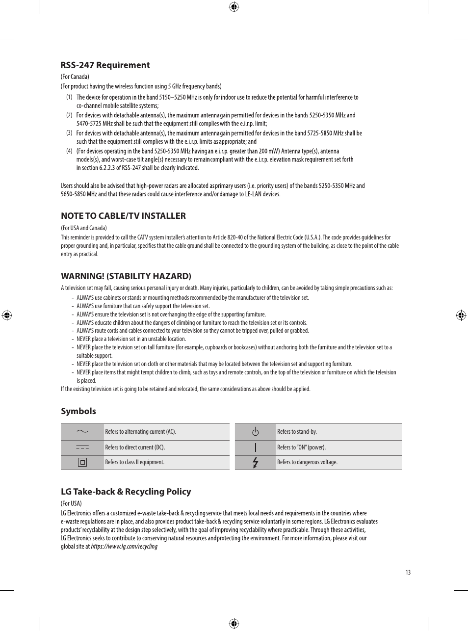 Warning! (stability hazard), Symbols, Lg take-back & recycling policy | LG Objet Collection Pose 48" 4K HDR Smart OLED TV User Manual | Page 13 / 29