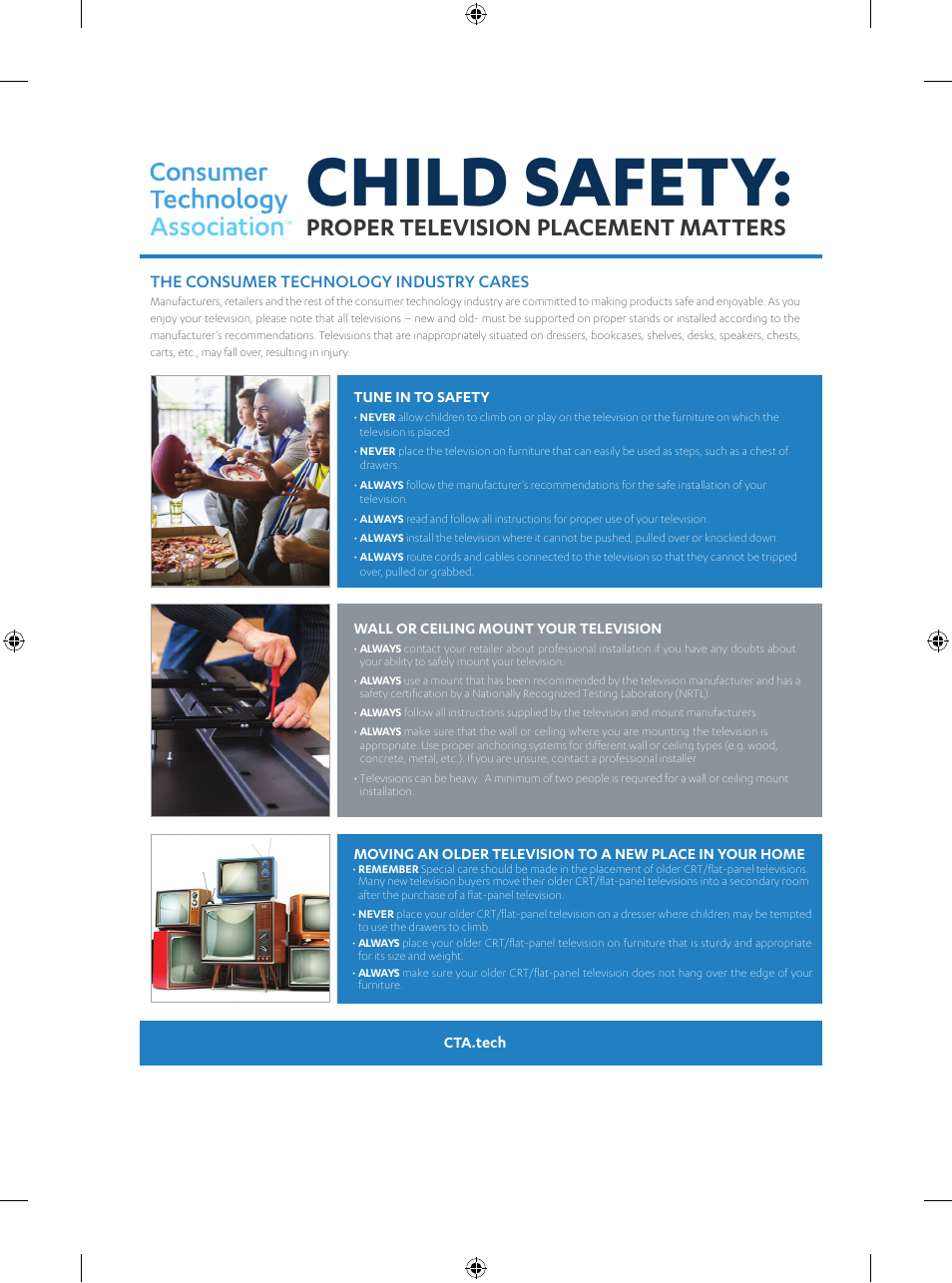 Child safety, Proper television placement matters, The consumer technology industry cares | Cta.tech, Tune in to safety, Wall or ceiling mount your television | LG Objet Collection Pose 48" 4K HDR Smart OLED TV User Manual | Page 16 / 29