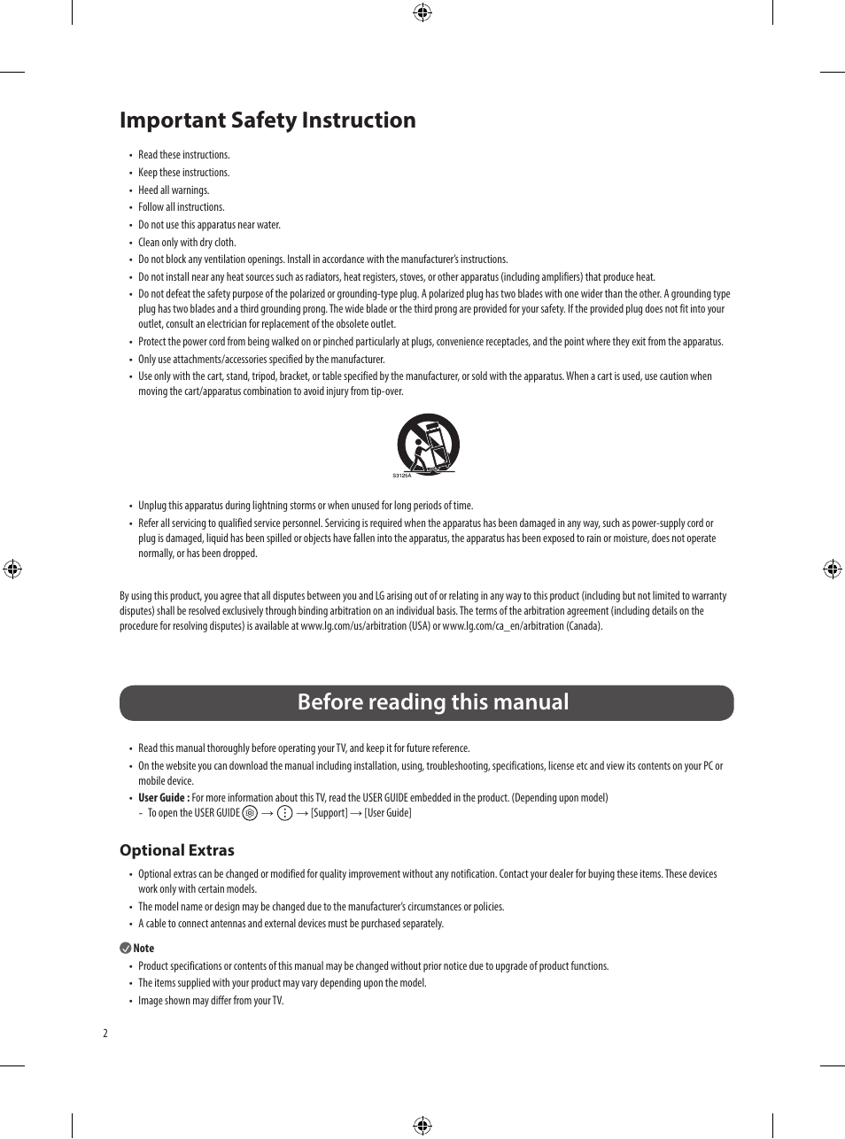 Important safety instruction, Before reading this manual, Optional extras | LG Objet Collection Pose 48" 4K HDR Smart OLED TV User Manual | Page 2 / 29