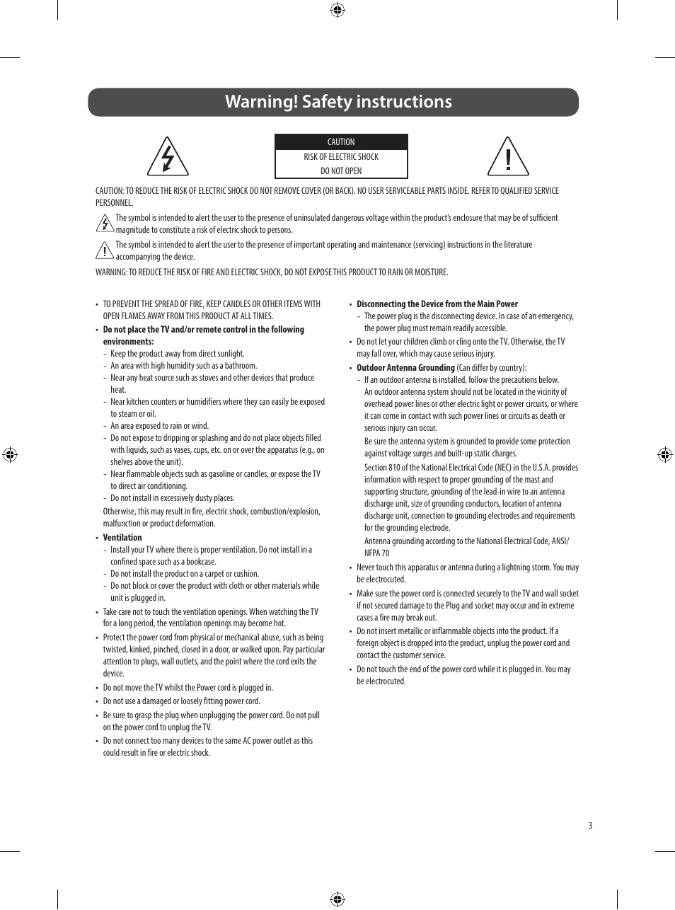 Warning! safety instructions | LG Objet Collection Pose 48" 4K HDR Smart OLED TV User Manual | Page 3 / 29