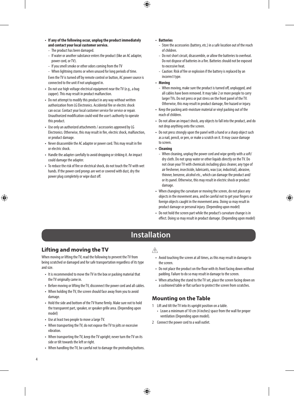 Installation, Lifting and moving the tv, Mounting on the table | LG Objet Collection Pose 48" 4K HDR Smart OLED TV User Manual | Page 4 / 29