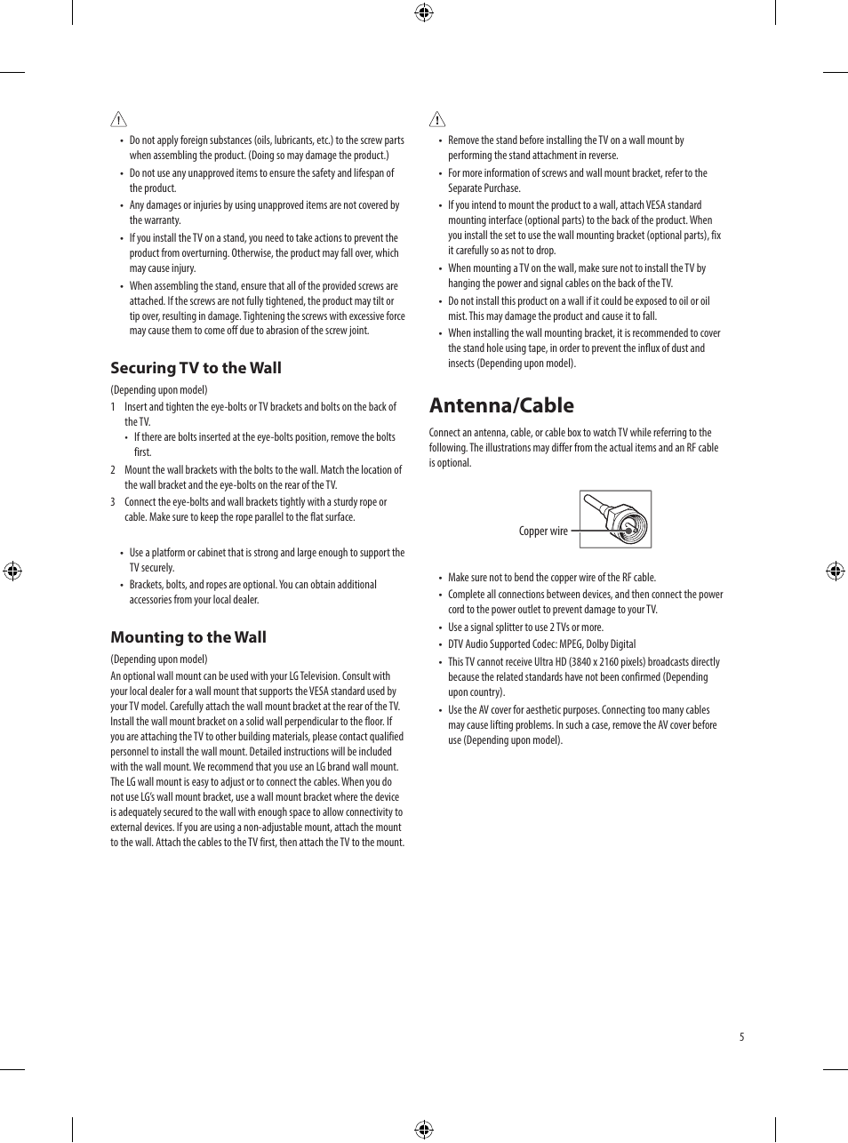 Antenna/cable, Securing tv to the wall, Mounting to the wall | LG Objet Collection Pose 48" 4K HDR Smart OLED TV User Manual | Page 5 / 29