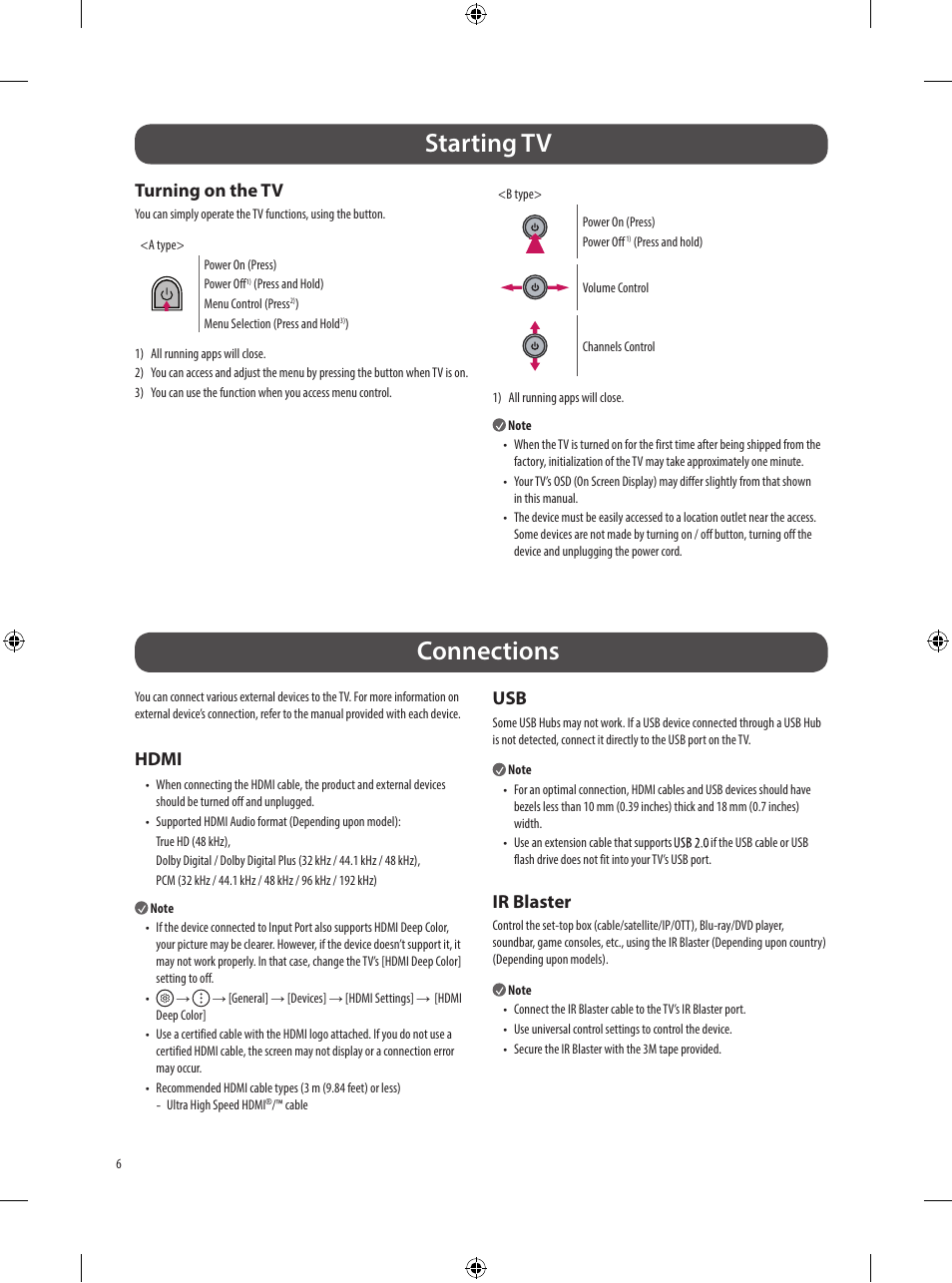 Starting tv, Connections, Turning on the tv | Hdmi, Ir blaster | LG Objet Collection Pose 48" 4K HDR Smart OLED TV User Manual | Page 6 / 29