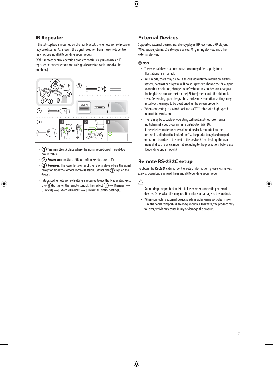 Ir repeater, External devices, Remote rs-232c setup | LG Objet Collection Pose 48" 4K HDR Smart OLED TV User Manual | Page 7 / 29