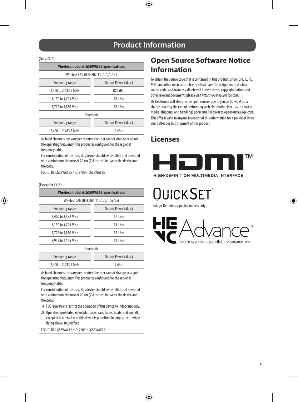 Product information, Open source software notice information, Licenses | LG Objet Collection Pose 48" 4K HDR Smart OLED TV User Manual | Page 9 / 29