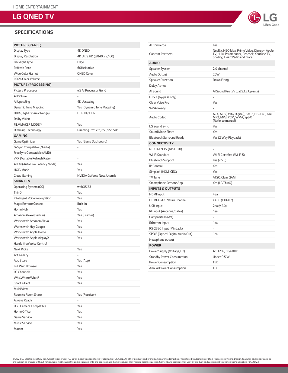Lg qned tv, Specifications, Home entertainment | LG QNED75 75" 4K HDR Smart Quantum Dot NanoCell TV User Manual | Page 2 / 3