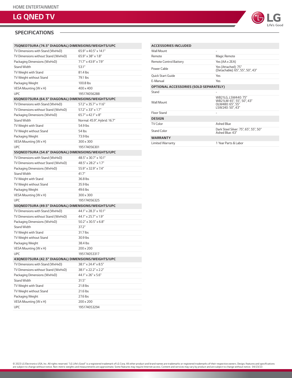 Lg qned tv, Specifications, Home entertainment | LG QNED75 75" 4K HDR Smart Quantum Dot NanoCell TV User Manual | Page 3 / 3