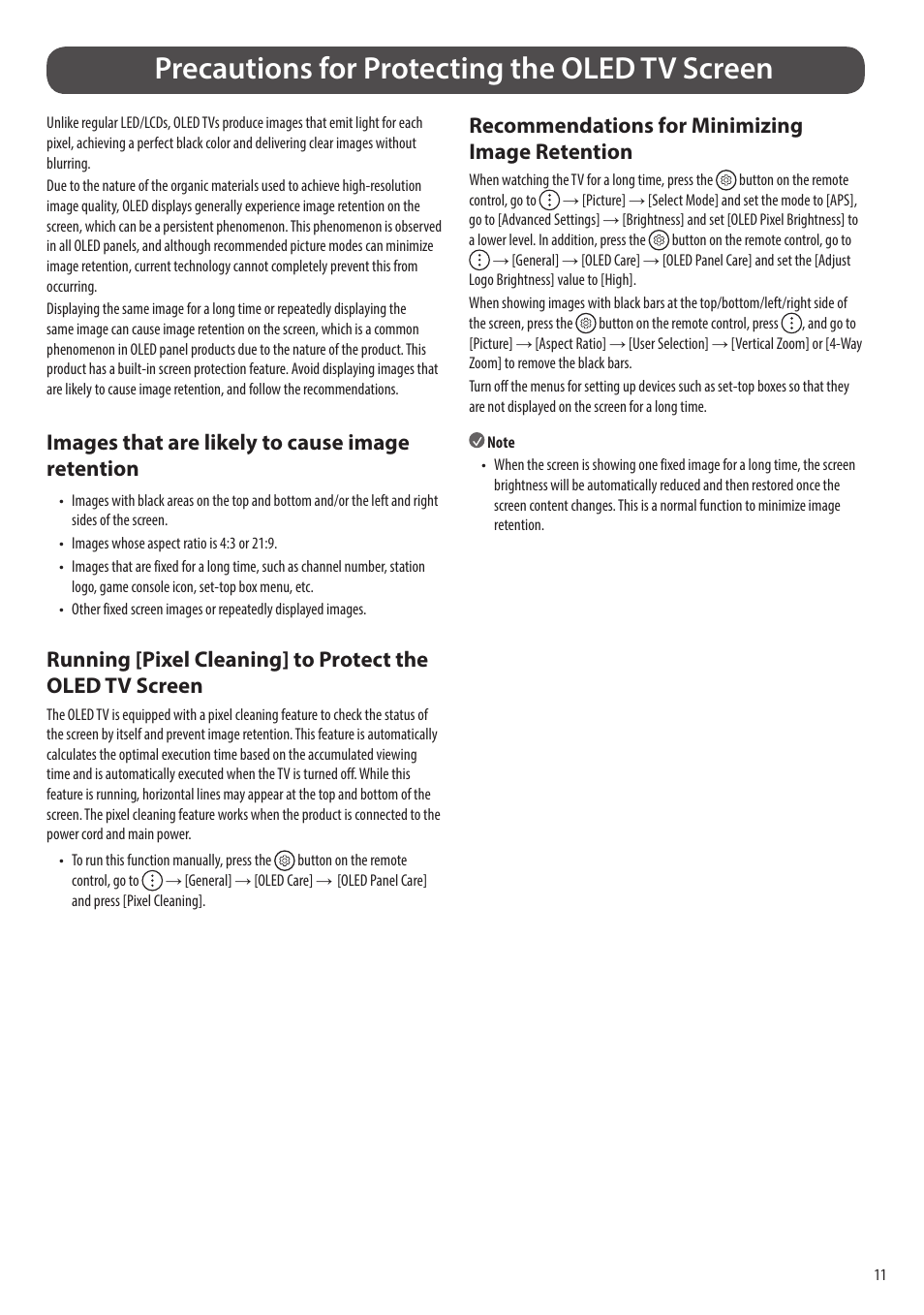 Precautions for protecting the oled tv screen, Images that are likely to cause image retention, Recommendations for minimizing image retention | LG Flex 42" 4K HDR Smart OLED TV User Manual | Page 11 / 16