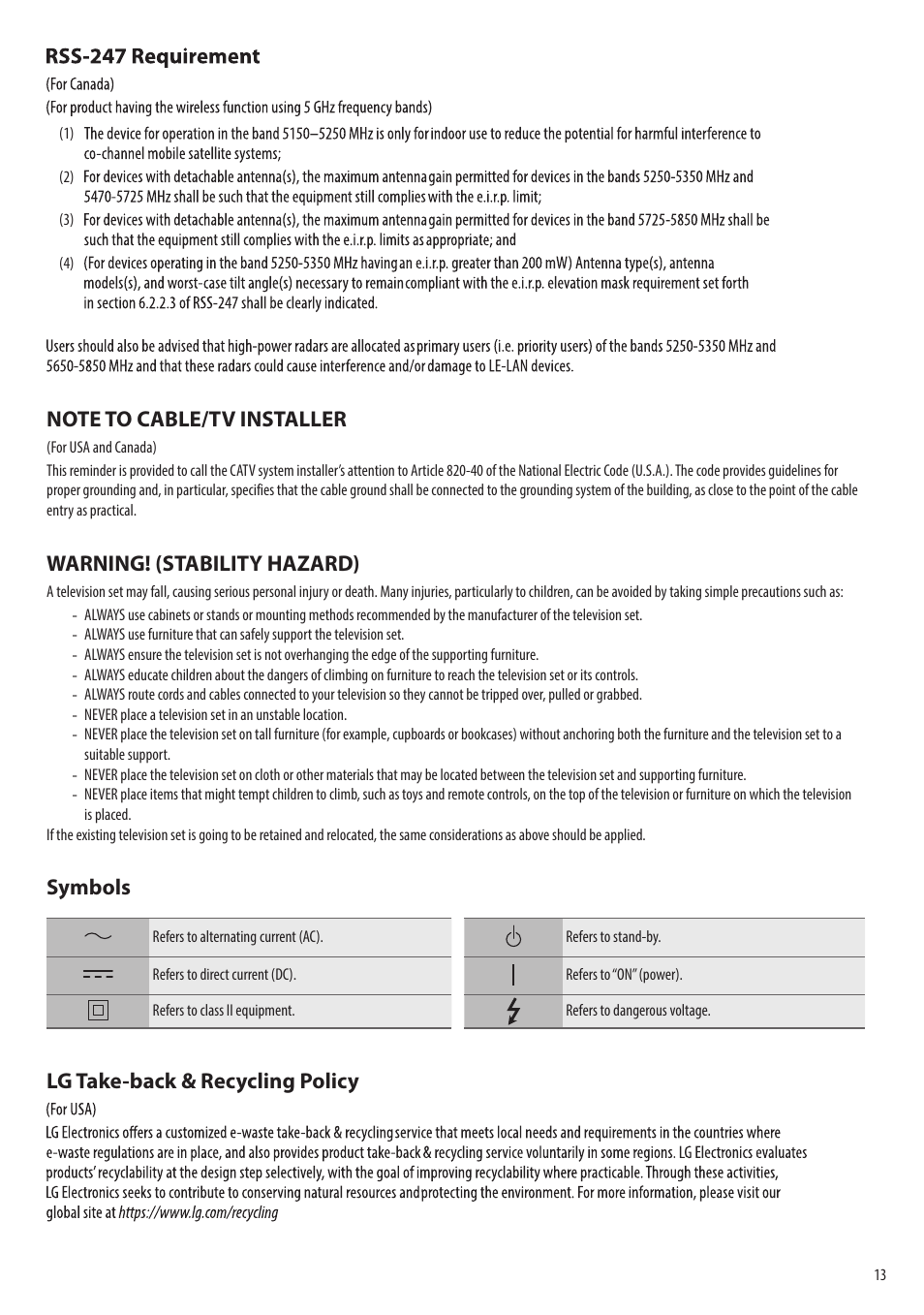 Warning! (stability hazard), Symbols, Lg take-back & recycling policy | LG Flex 42" 4K HDR Smart OLED TV User Manual | Page 13 / 16