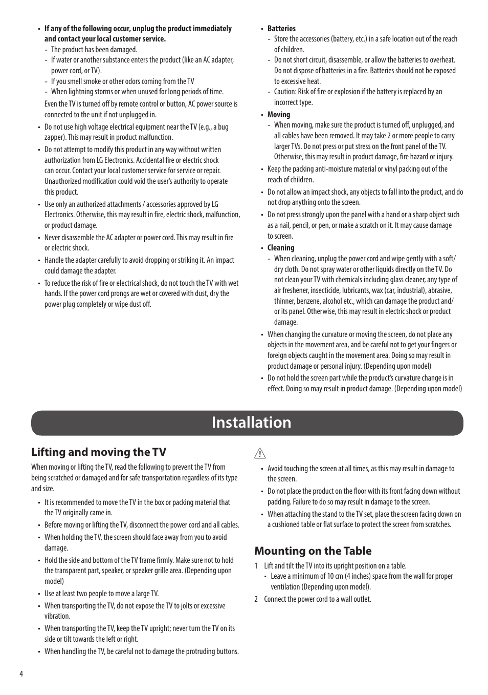 Installation, Lifting and moving the tv, Mounting on the table | LG Flex 42" 4K HDR Smart OLED TV User Manual | Page 4 / 16