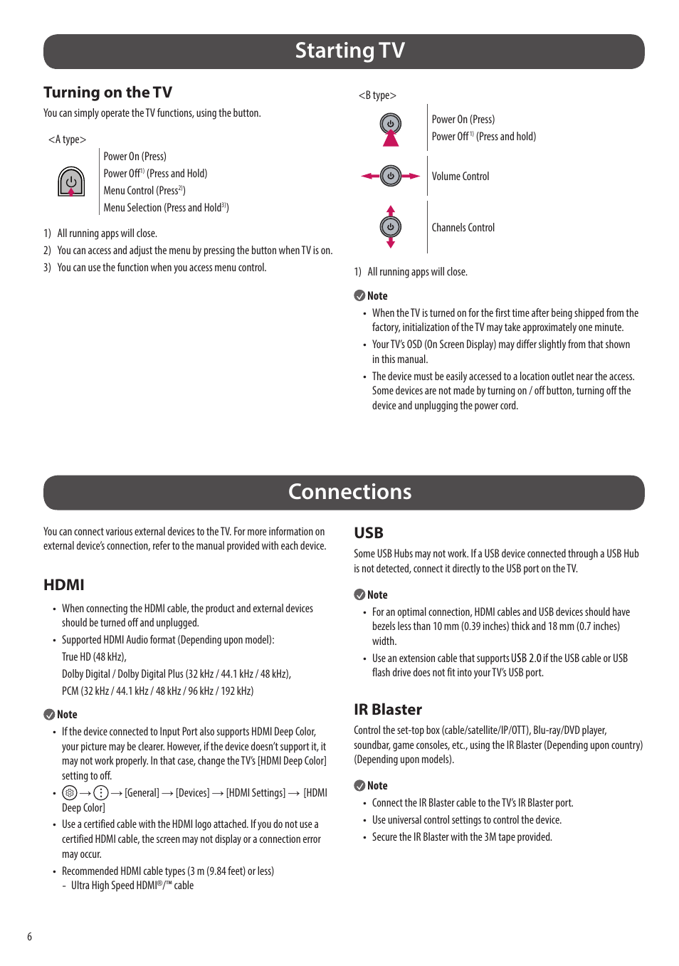 Starting tv, Connections, Turning on the tv | Hdmi, Ir blaster | LG Flex 42" 4K HDR Smart OLED TV User Manual | Page 6 / 16