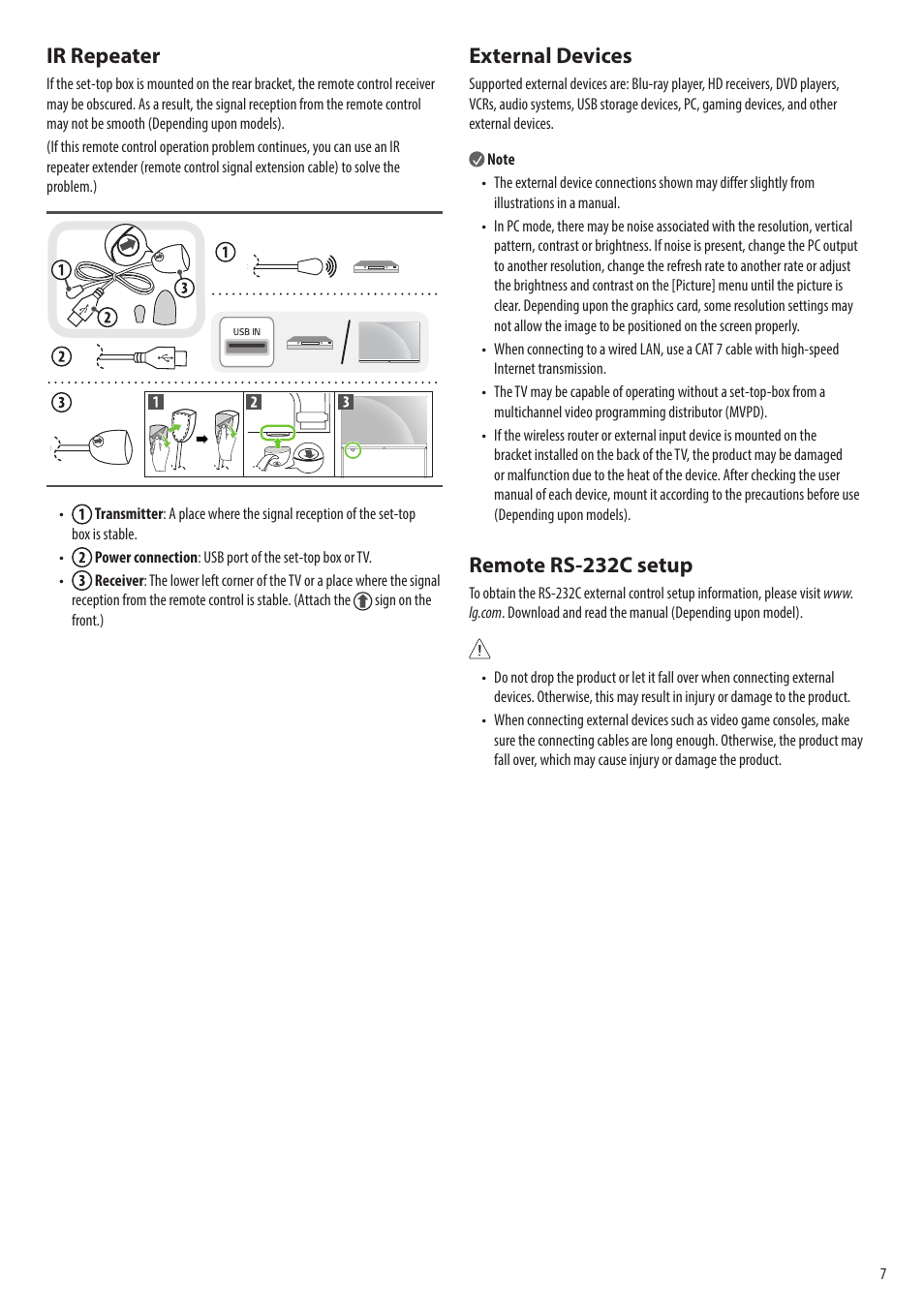 Ir repeater, External devices, Remote rs-232c setup | LG Flex 42" 4K HDR Smart OLED TV User Manual | Page 7 / 16