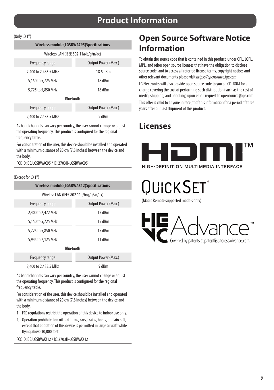 Product information, Open source software notice information, Licenses | LG Flex 42" 4K HDR Smart OLED TV User Manual | Page 9 / 16