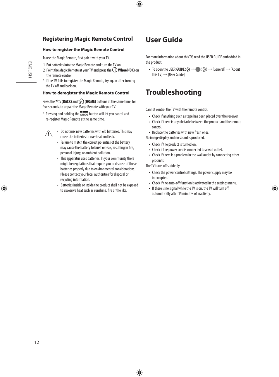 User guide, Troubleshooting, Registering magic remote control | LG UQ7590PUD 86" 4K HDR Smart LED TV User Manual | Page 12 / 36