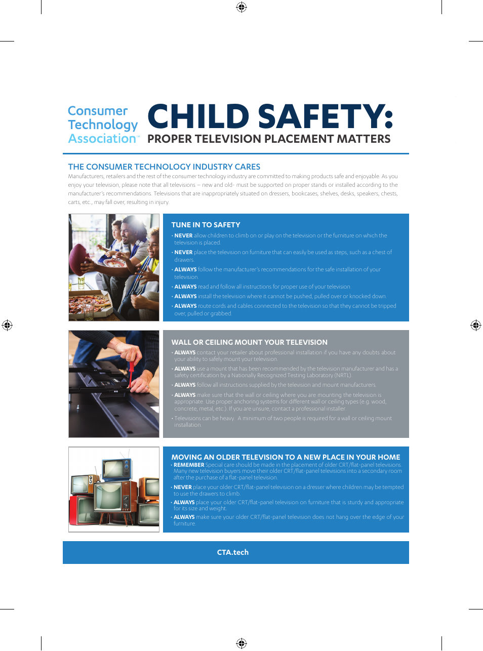 Child safety, Proper television placement matters, The consumer technology industry cares | LG UQ7590PUD 86" 4K HDR Smart LED TV User Manual | Page 19 / 36