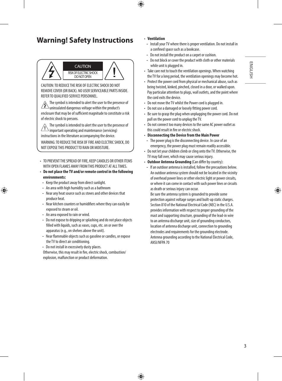 Warning! safety instructions | LG UQ7590PUD 86" 4K HDR Smart LED TV User Manual | Page 3 / 36