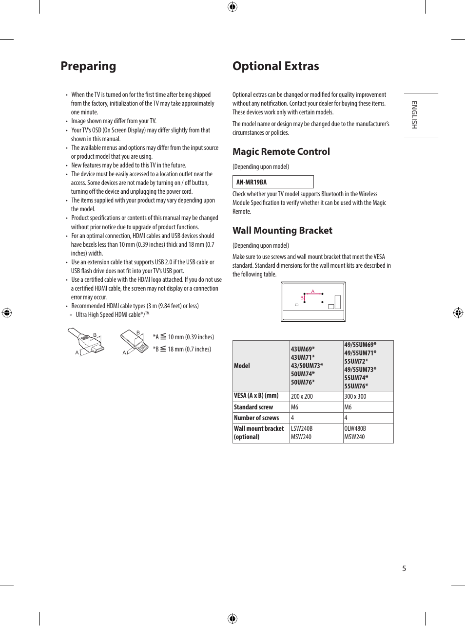 Preparing, Optional extras, Magic remote control | Wall mounting bracket | LG UQ7590PUD 86" 4K HDR Smart LED TV User Manual | Page 5 / 36