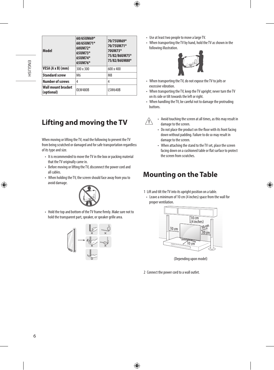 Lifting and moving the tv, Mounting on the table | LG UQ7590PUD 86" 4K HDR Smart LED TV User Manual | Page 6 / 36