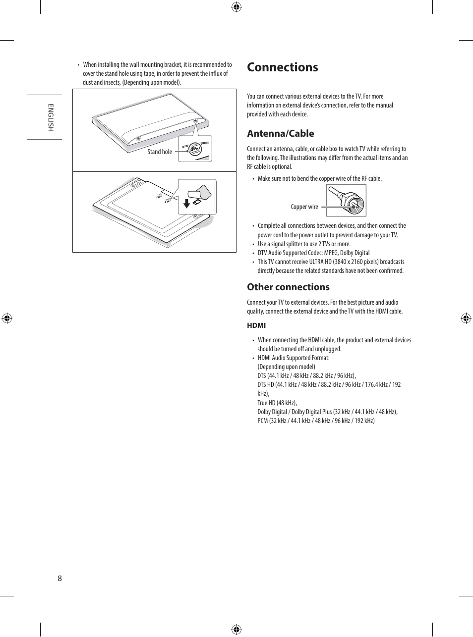 Connections, Antenna/cable, Other connections | LG UQ7590PUD 86" 4K HDR Smart LED TV User Manual | Page 8 / 36