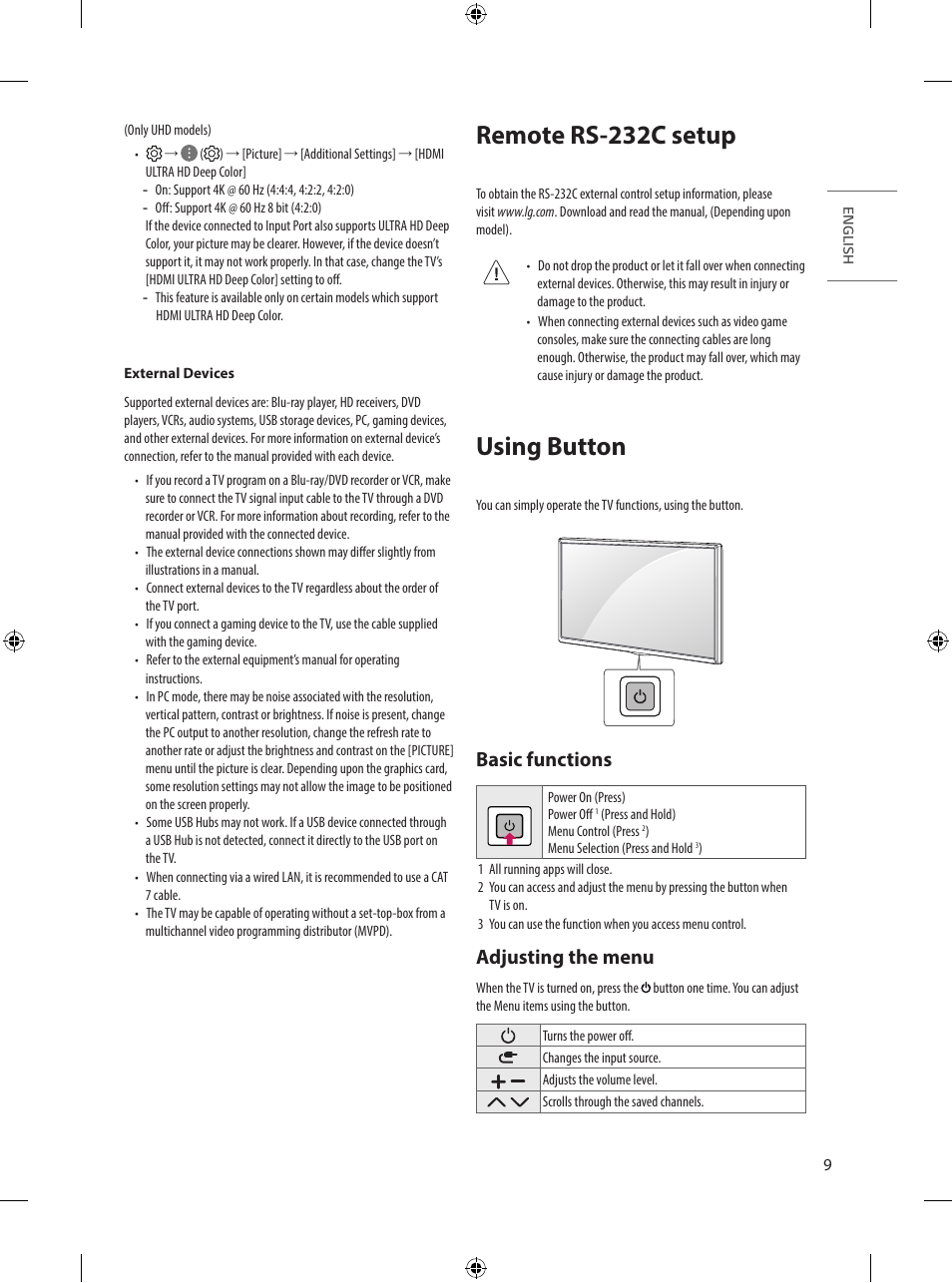 Remote rs-232c setup, Using button, Basic functions | Adjusting the menu | LG UQ7590PUD 86" 4K HDR Smart LED TV User Manual | Page 9 / 36